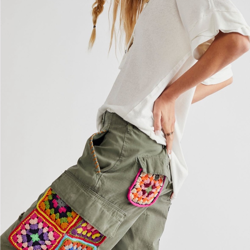 ISO- Tricia Fix Green Cargo Shorts with granny square crochet patches 🩳